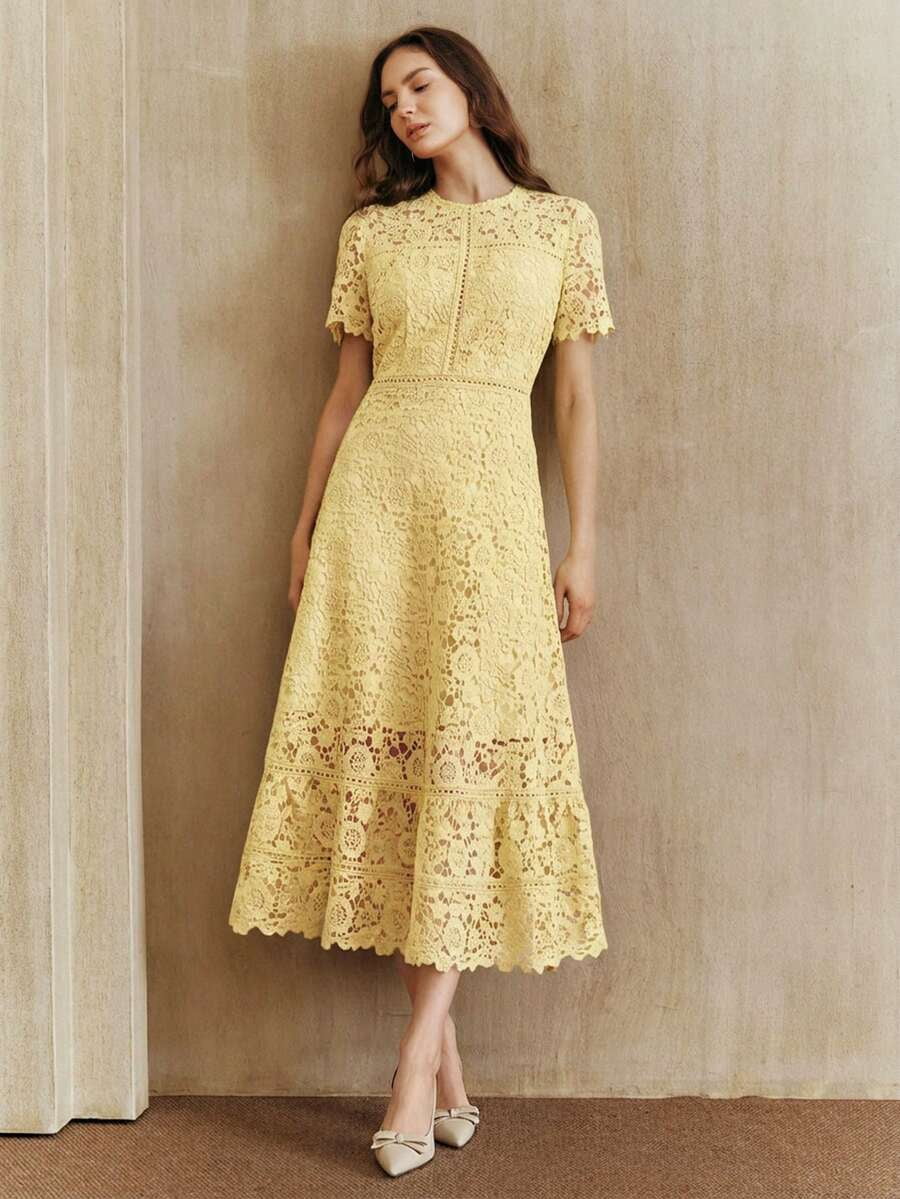 thumbnail image 6 of Yellow Dress With Short Sleeve And High-Low Ruffled Hem, 6 of 30