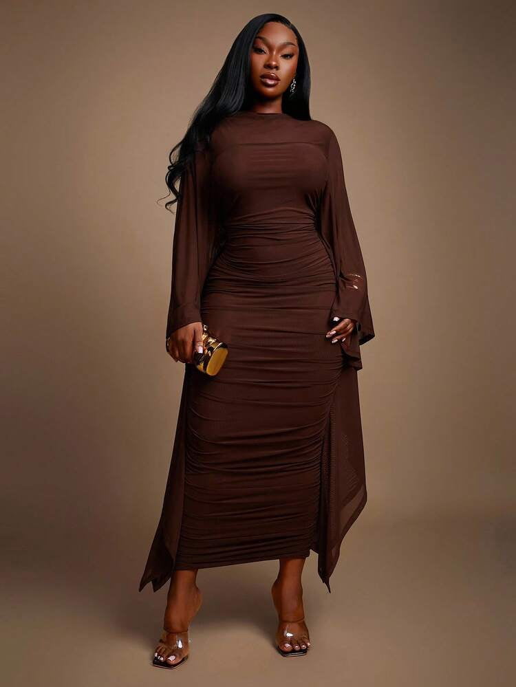 thumbnail image 4 of Brown Ruched Long Dress with Sheer Bell Sleeves, 4 of 7