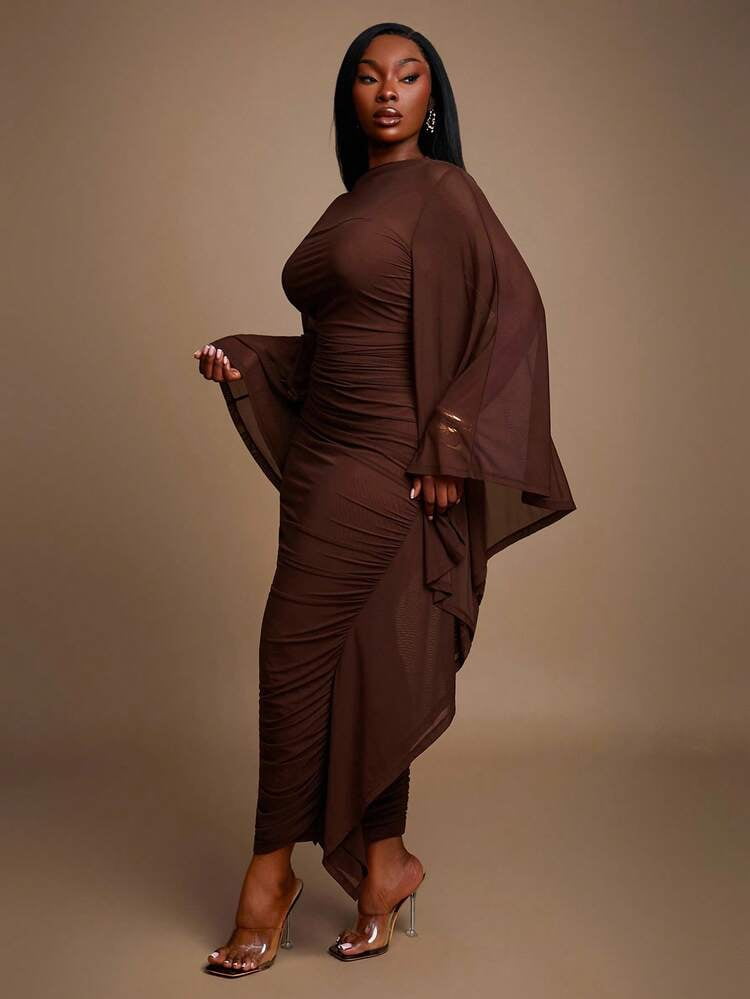 thumbnail image 7 of Brown Ruched Long Dress with Sheer Bell Sleeves, 7 of 7