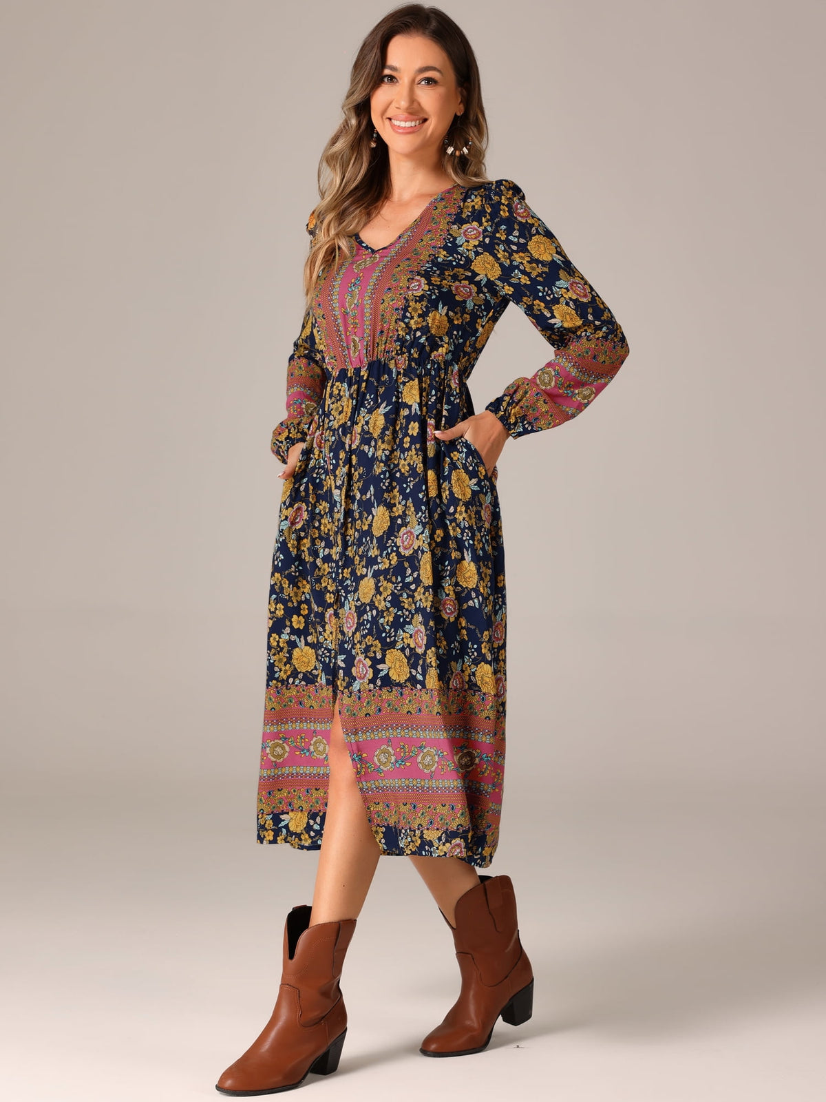 thumbnail image 4 of DARING DIVA Floral Elastic Waist Split A-Line Midi Dress XS Blue, 4 of 6