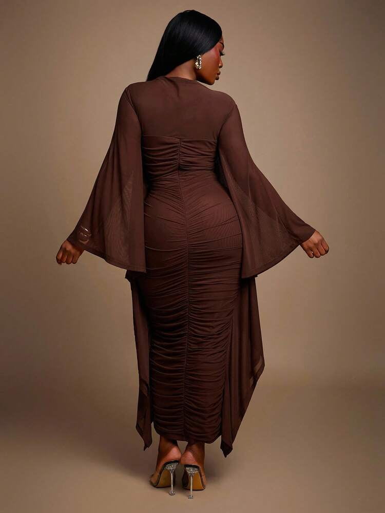 thumbnail image 2 of Brown Ruched Long Dress with Sheer Bell Sleeves, 2 of 7