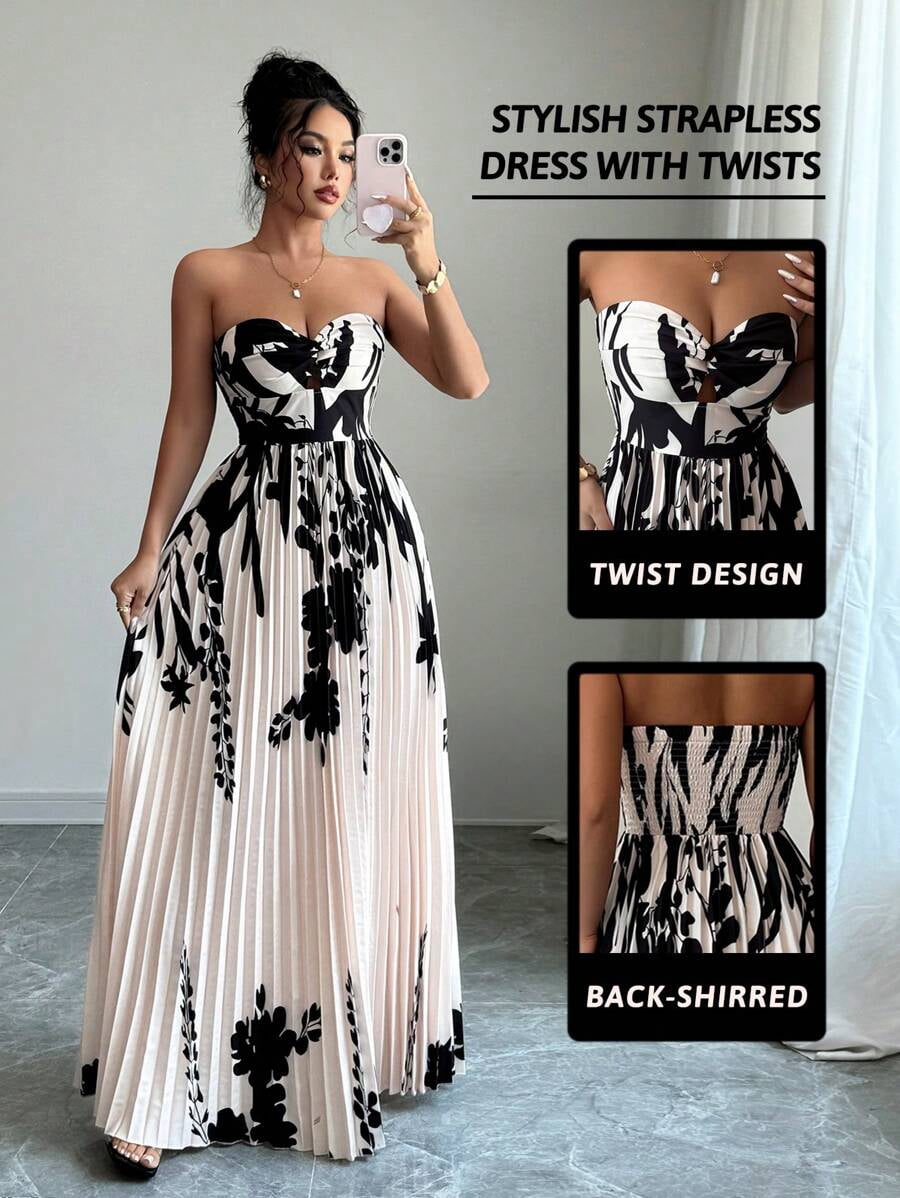 thumbnail image 1 of Apricot Floral Strapless Twist Front Pleated Maxi Dress, 1 of 12
