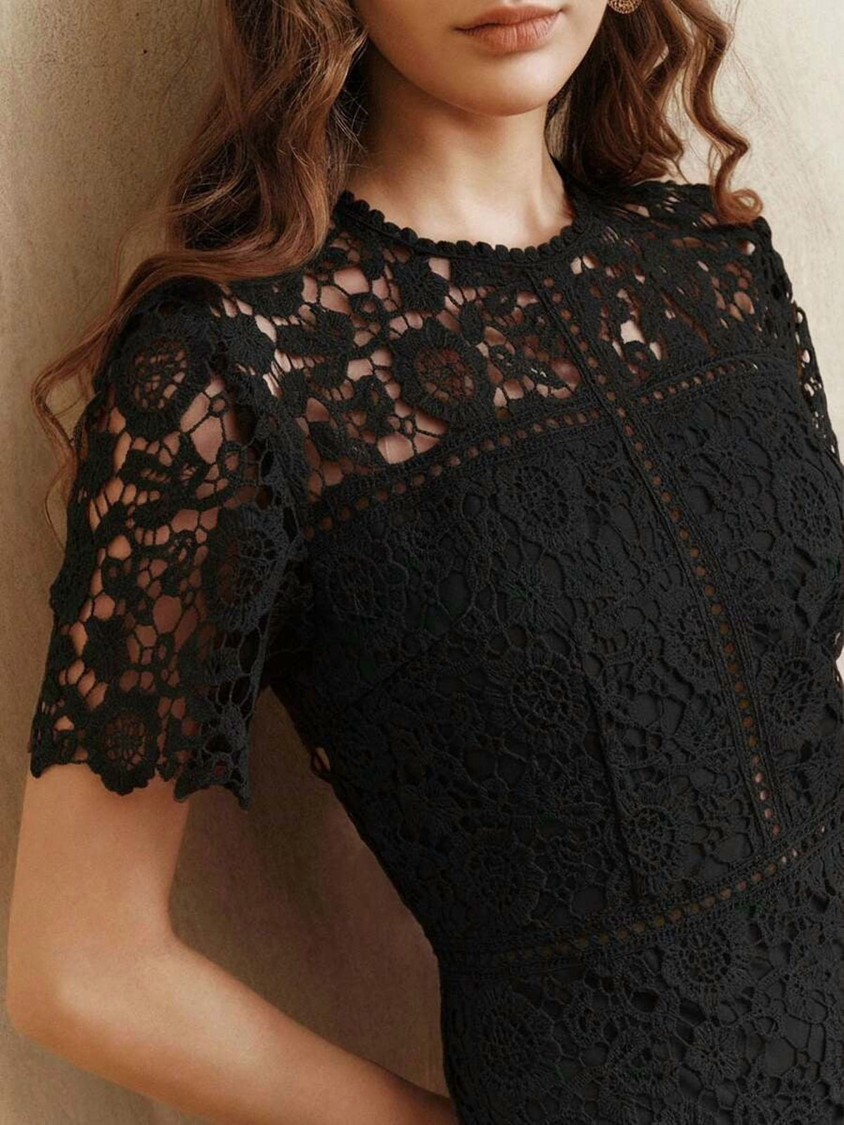thumbnail image 1 of Black Lace Overlay Short Sleeve Sheath Dress With Ruffled Neckline, 1 of 30