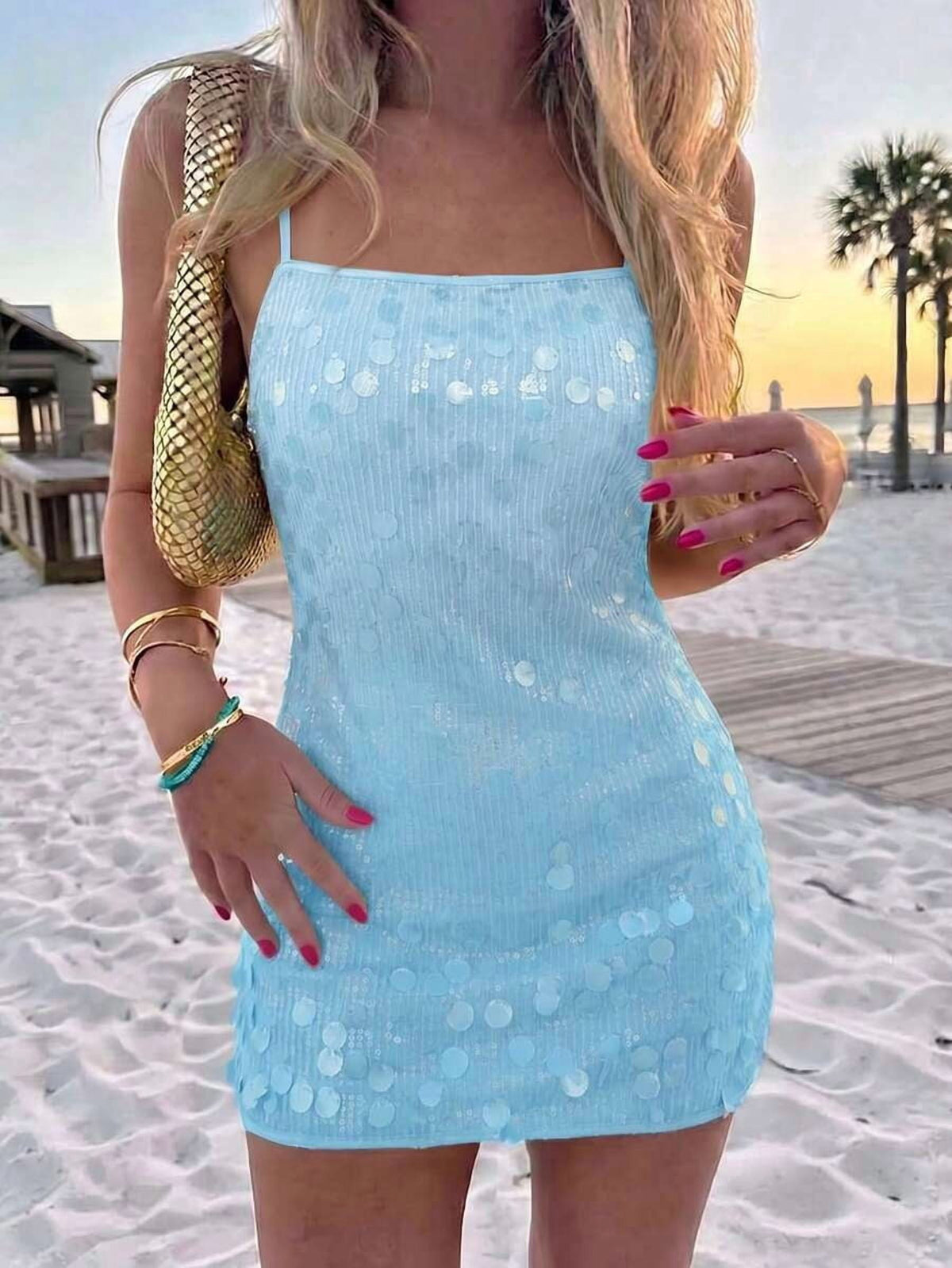 thumbnail image 1 of Blue Sequin Bodycon Mini Dress With Spaghetti Straps For Beach Party, 1 of 20