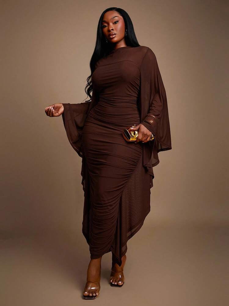 thumbnail image 1 of Brown Ruched Long Dress with Sheer Bell Sleeves, 1 of 7