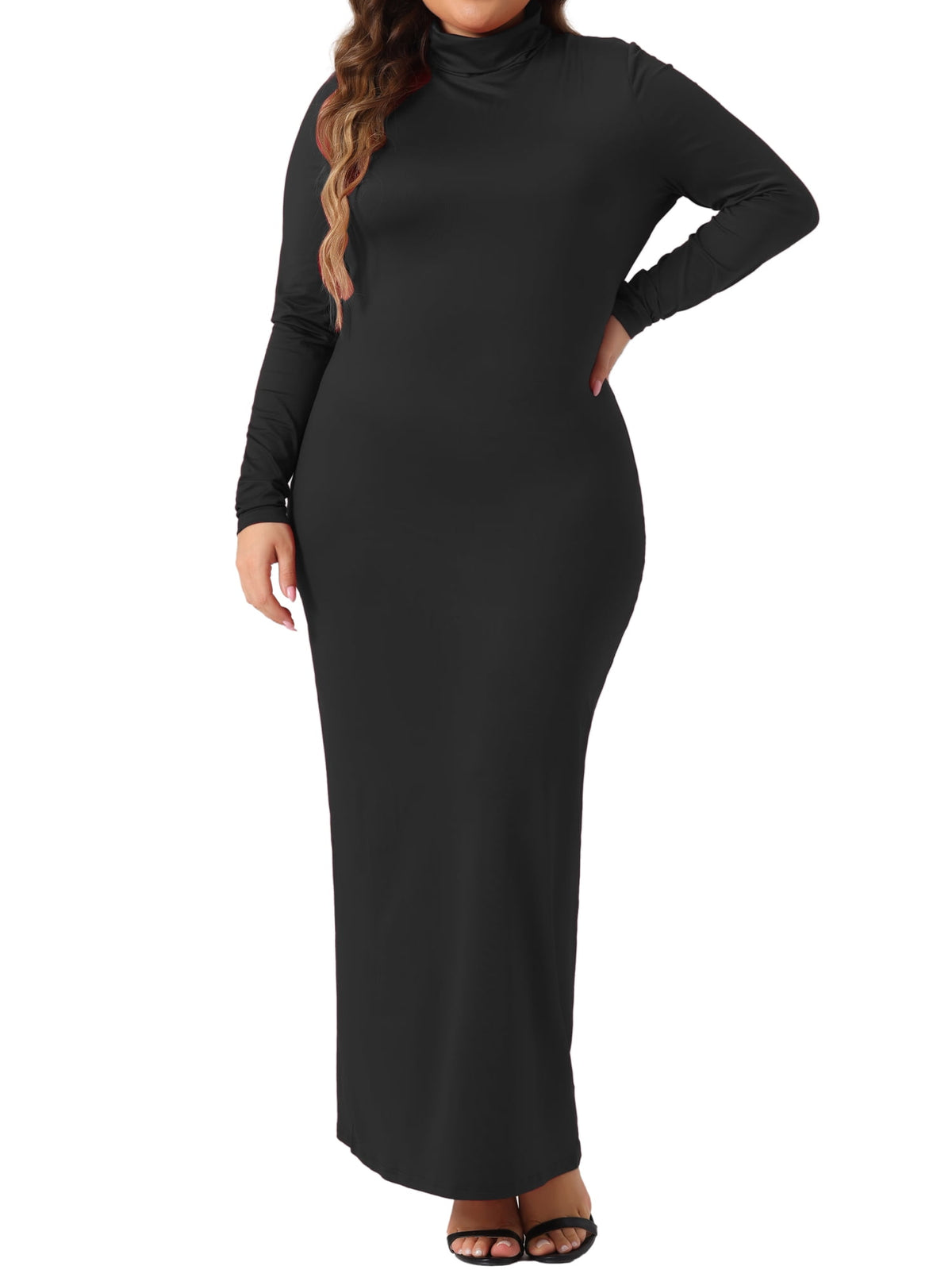 thumbnail image 1 of DARING DIVA Plus Size Women's Turtleneck Long Sleeve Bodycon Dress 1X Black, 1 of 6