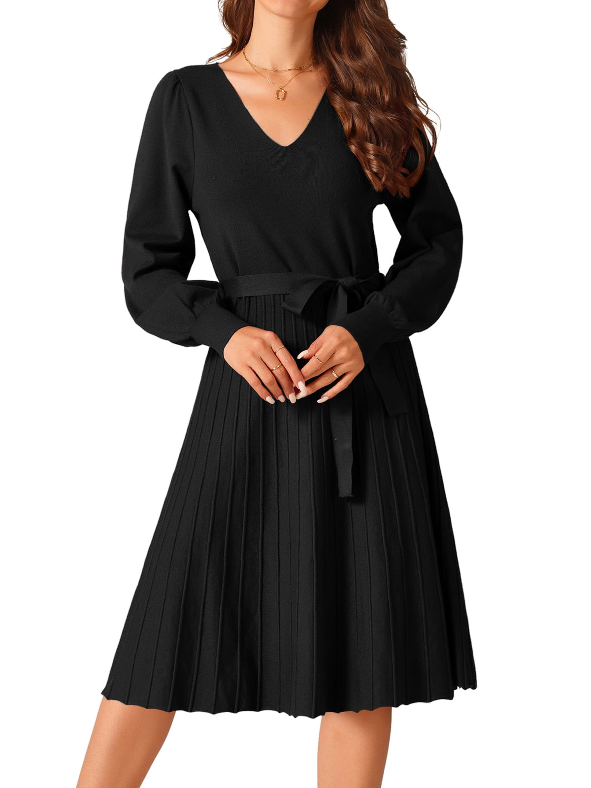 thumbnail image 1 of DARING DIVA V Neck Long Sleeve Tie Waist Pleated A-Line Midi Dress S Black, 1 of 6