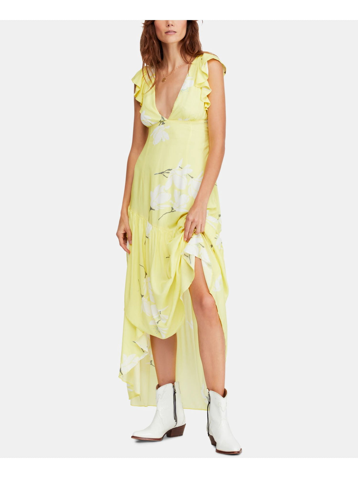 thumbnail image 1 of FREE PEOPLE Womens Yellow Ruffled Floral Cap Sleeve V Neck Maxi Hi-Lo Dress Size 6, 1 of 4