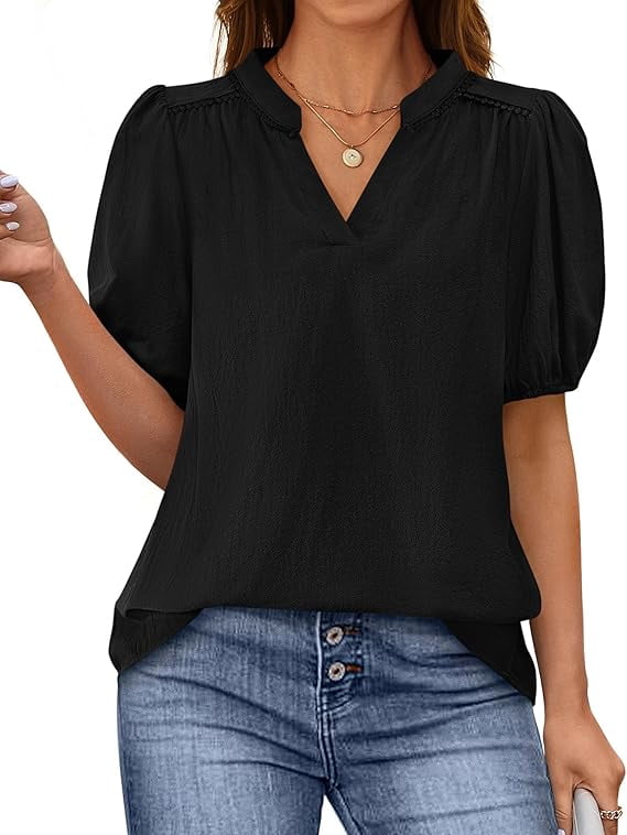 thumbnail image 1 of PRETTYGARDEN Womens Casual Summer Tops V Neck Short Puff Sleeve Pleated Cotton T Shirts Loose Dressy Blouses, 1 of 8