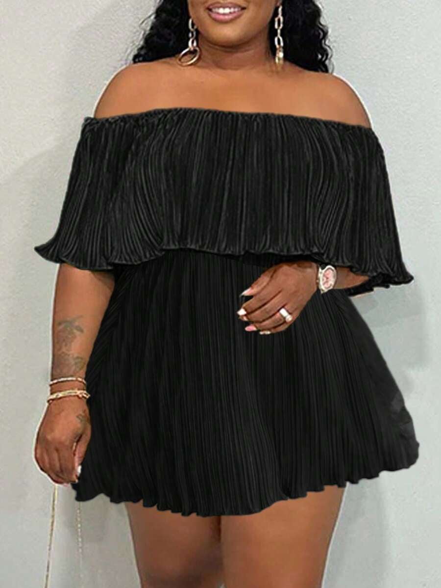thumbnail image 1 of Plus Size Black Off Shoulder Pleated Ruffle Mini Dress, 1 of 7