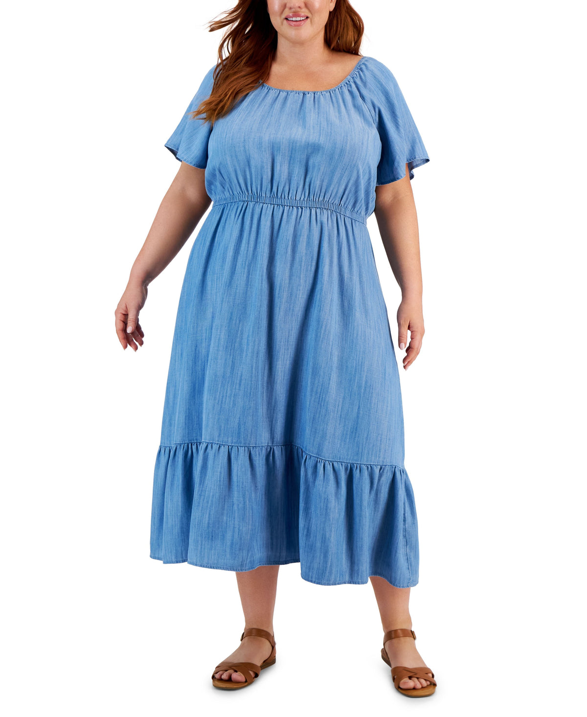thumbnail image 1 of Plus Size On-Off Ruffle Hem Dress Anna Chambray 0X, 1 of 1