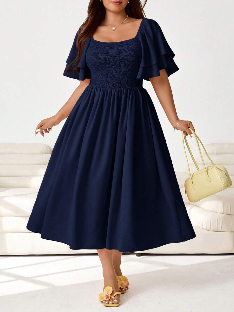 thumbnail image 1 of Womens Blue Ruffle Sleeve Square Neck Smocked Midi Dress, 1 of 7
