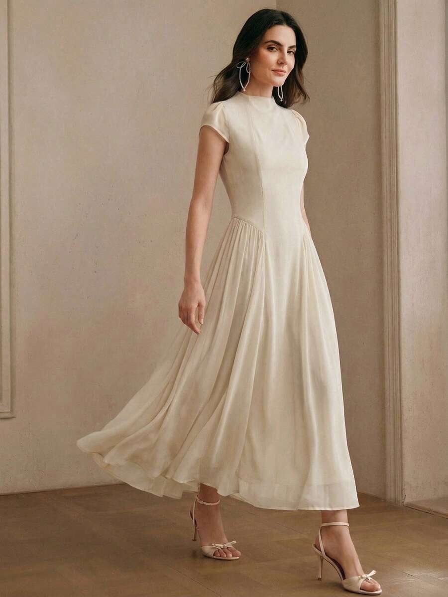 thumbnail image 1 of Womens Elegant White High Neck Cap Sleeve Long Dress, 1 of 6