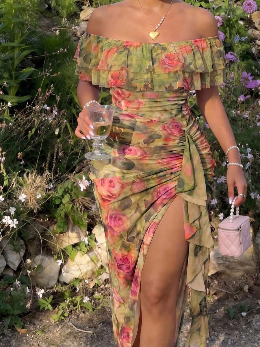 thumbnail image 1 of Womens Multicolor Floral Off-Shoulder Ruffle Midi Dress With Side Slit, 1 of 4