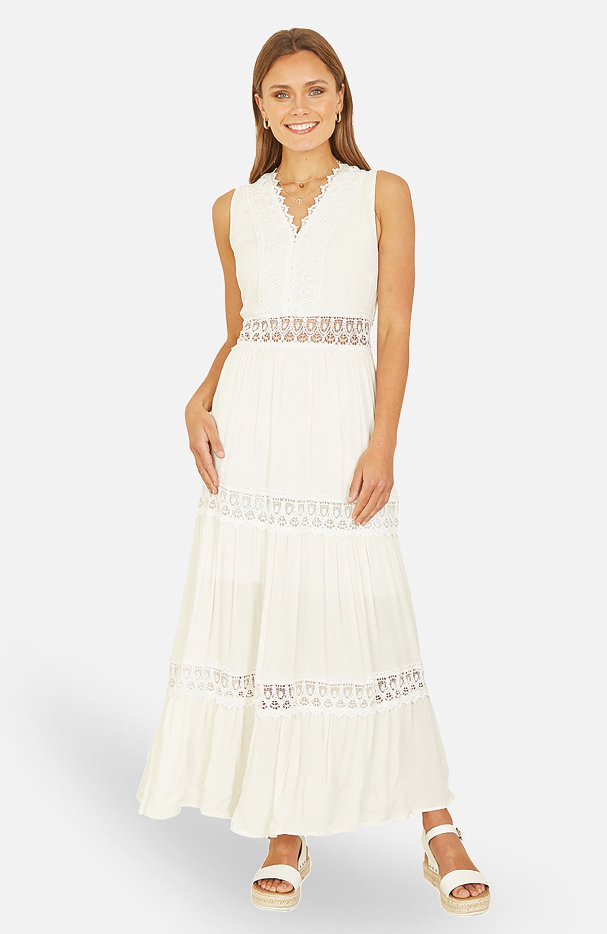 thumbnail image 1 of Yumi Lace Trim Cotton Maxi Sun Dress - White, S, 1 of 6